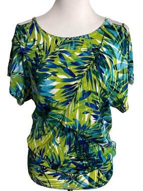 Cache Tropical Leaf Print Short Sleeve Top - Green & Blue